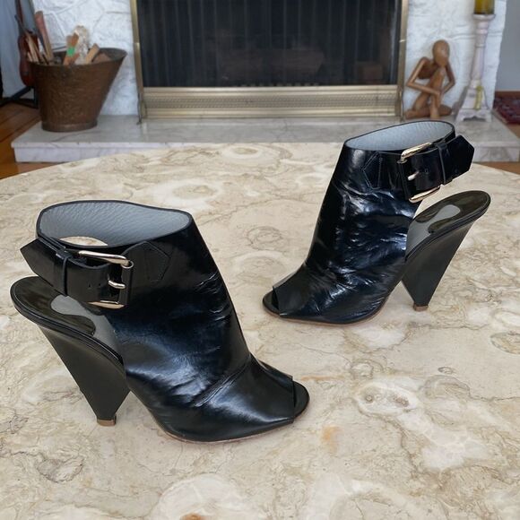 Chloe Black Patent Leather Peep-Toe Buckle Accent Heels - Picture 6 of 14